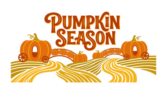 Pumpkin Season Festivity: Embrace the vibrant spirit of autumn with this charming illustration of pumpkin season, featuring whimsical pumpkin carriages traversing rolling fields under a warm.