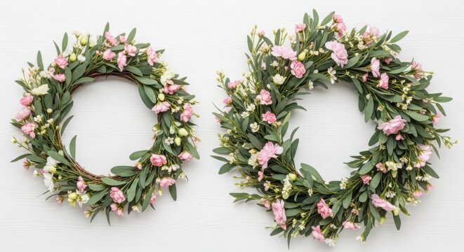 Two Delicate Floral Wreaths Adorned with Pink Blossoms and Greenery