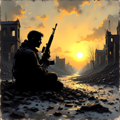 Obraz premium tired soldier sunrise