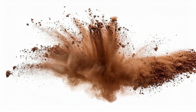abstract brown dirt explosion isolated on a transparent white background freeze motion of the dry soil blowing up