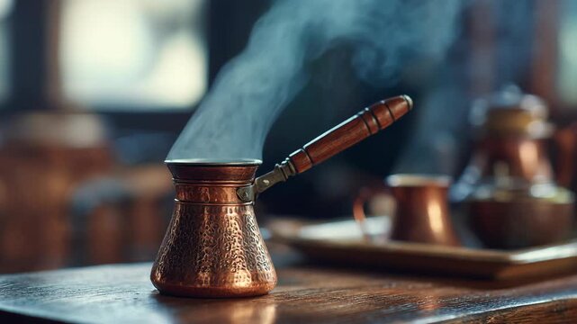 Steam rising from copper Turkish coffee pot