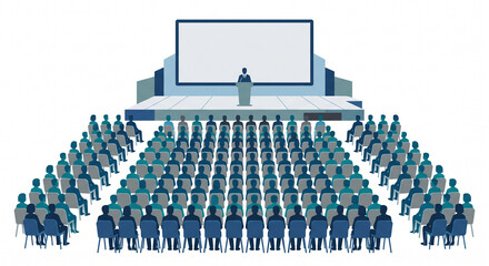 Fototapeta premium Clean minimalist vector illustration of a business conference with simplified silhouettes of people for corporate event presentation and seminar marketing