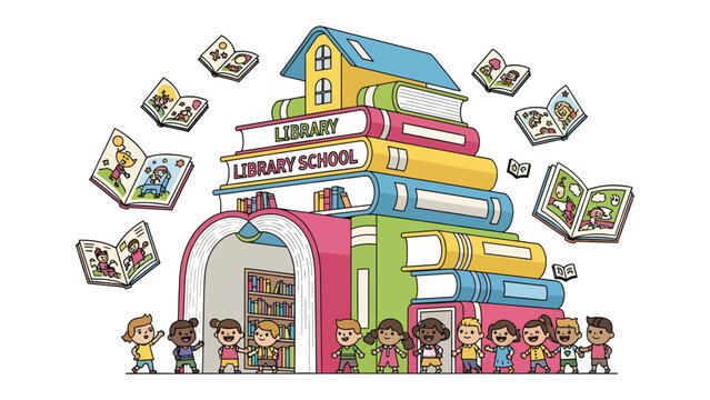 Children's Library Adventure: A whimsical illustration of a library shaped like a stack of colorful books, with children eagerly entering and flying books surrounding the magical building.