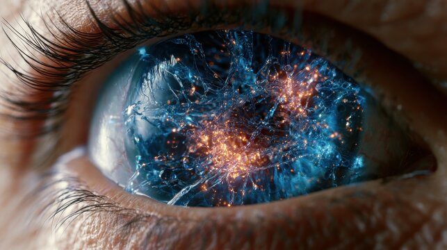 Macro human eye with an iris of glowing liquid glass network.