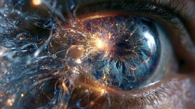 Macro human eye with an iris of glowing liquid glass network.