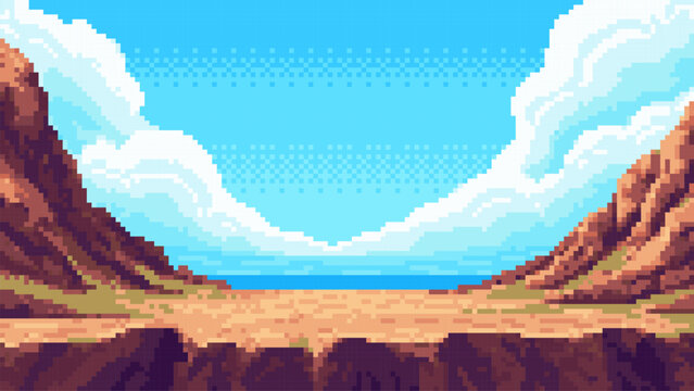 Pixel art landscape background with rocky cliffs and floating clouds in blue sky. Retro 8-bit video game environment design for side scrolling platformer game and virtual world scene.