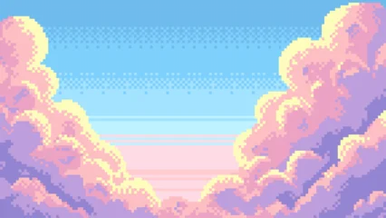 Fotobehang Blauw Pixel art vector of blue sky with soft pink and yellow clouds. Retro video game aesthetic landscape background. Eight bit graphical design element for digital environment representation.  © marruu