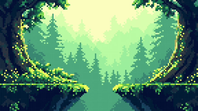 Pixel art landscape of a magical forest with a rocky cliff edge. Green nature scenery for a retro video game background. 8-bit digital environment design concept and fantasy illustration.