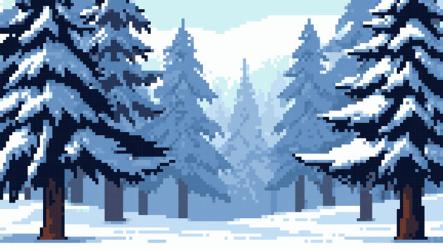 Winter forest in pixel art style. Snowy pine trees in woodland landscape. Cold season outdoor scene with snowfall. Retro game background design for environment scenery or holiday card.