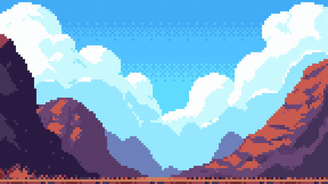 Pixel art landscape with mountain range and fluffy clouds in sky. Digital 8 bit retro video game background scenery. Artistic flat vector illustration for gaming environment design.