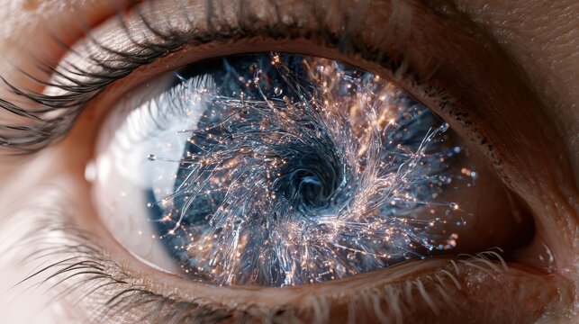 Macro human eye with an iris of glowing liquid glass network.