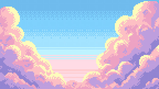 Pixel art vector of blue sky with soft pink and yellow clouds. Retro video game aesthetic landscape background. Eight bit graphical design element for digital environment representation.