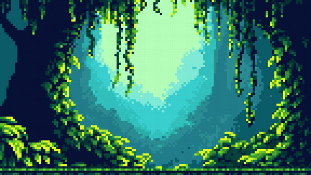 Pixel art vector landscape representing a mysterious glowing forest entrance. Retro style game background with hanging vines and foliage. Digital illustration of an enchanted nature scene.