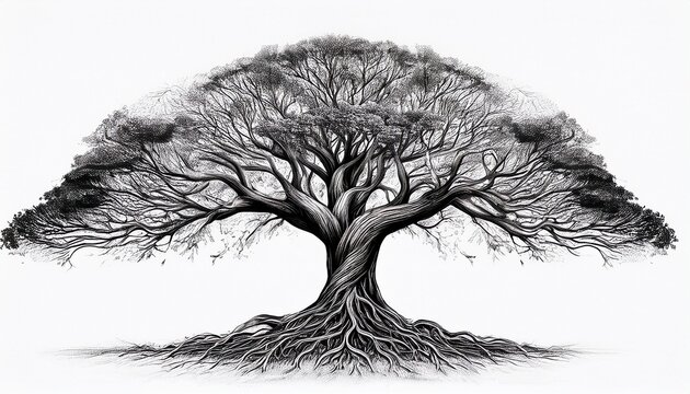black and white ink of a spreading tree with exposed roots