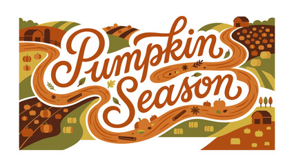 Pumpkin Season Harvest Landscape: A vibrant illustration captures the essence of pumpkin season with rolling hills, fields of pumpkins, hay bales, and charming farmhouses. © Ajm