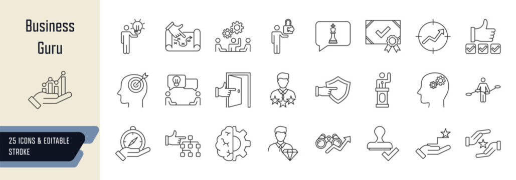 Business guru line icons collection, 25 editable stroke symbols depicting mindset and vision, strategy and growth, coaching and communication
