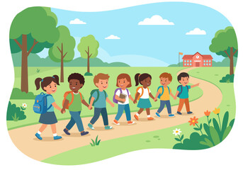 Fototapeta premium Diverse children walk together on a school path towards a bright building. A cheerful scene promoting education, access, and community. Vibrant colors and a friendly atmosphere.