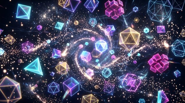 Abstract Geometric Shapes Floating in Cosmic Nebula with Swirling Lights