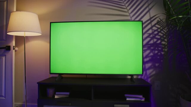 A contemporary living room features a sleek plasma TV displaying a bright green screen, perfect for design projects. The cozy space invites relaxation and creativity at night