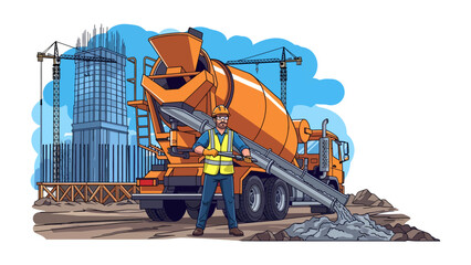 Construction Site Scene: A construction worker stands in front of a concrete mixer truck, directing concrete flow onto a building site. © Abu