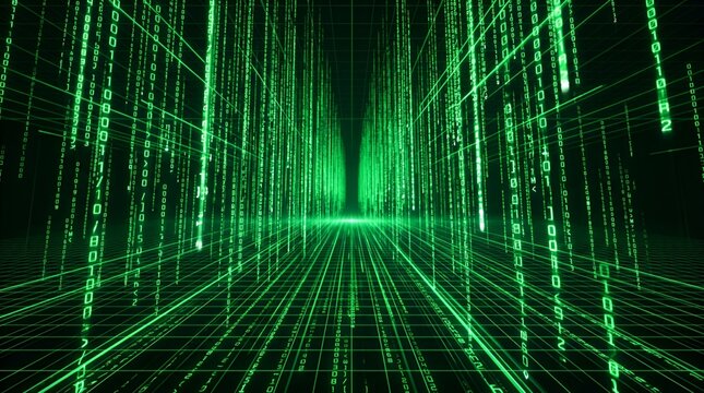 Digital Matrix Tunnel: Futuristic Abstract Background with Green Binary Code