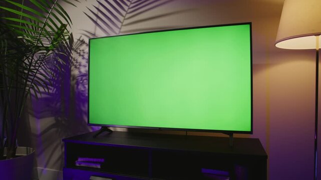 Experience a contemporary living room with a stylish plasma TV displaying a bright green screen. Perfect for showcasing digital content or advertisements in a cozy setting