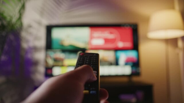A man's hand skillfully navigates the remote control, bringing a smart TV to life. Bright channels change on screen, showcasing a world of entertainment and relaxation in a cozy living room