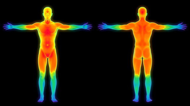 Front and back view of a human figure displayed with thermal imaging in a T-pose