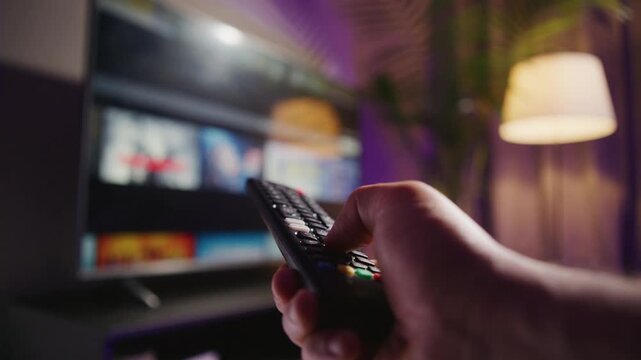 A man's hand deftly uses a remote control to navigate channels on a smart TV. The ambiance of a comfortable living room enhances the relaxing experience of home entertainment