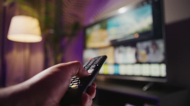 A man's hand navigates a remote control, switching channels on a smart TV. The relaxing ambiance of the living room enhances his connection to entertainment