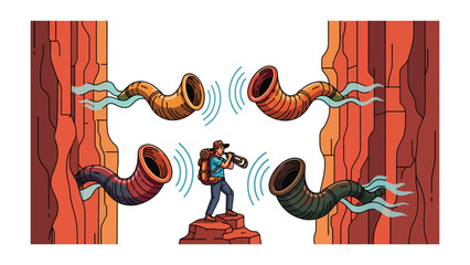 Canyon Explorer's Sonic Discovery: An adventurous explorer stands on a rocky outcrop in a desert canyon, using a device to communicate with four strange, horn-like entities emitting waves of sound. © mstmahmuda