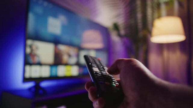 In a modern apartment, a man's hand deftly navigates the smart TV remote, switching channels with ease. Experience high-quality visuals while enjoying home entertainment in comfort