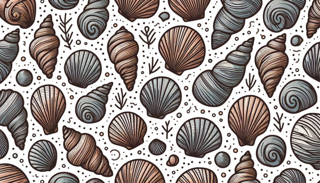 shell seamless vector pattern with brown and grey colors, seashell wallpaper foliage background