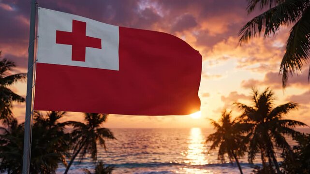 Tongan flag waving at sunset beach