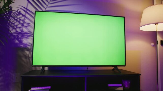 Explore a chic living room with a smart plasma TV featuring a vibrant green screen. Perfect for creating your own media content in a cozy, contemporary atmosphere