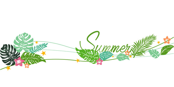 Summer tropical illustration. Summer green and tropical leaves decorative illustration for summer background, banner, graphic design, summer time vector illustration.