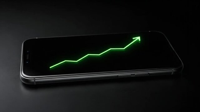 A glowing green upward arrow moves across a smartphone screen, symbolizing financial growth and stock market success against a sleek black background.