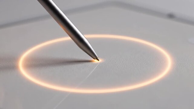 A metal stylus touches a surface, triggering glowing orange concentric circles that expand and pulse outwards, showcasing a futuristic digital interaction and creative precision.