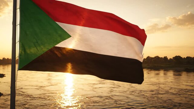 Sudan flag waving by river at sunset