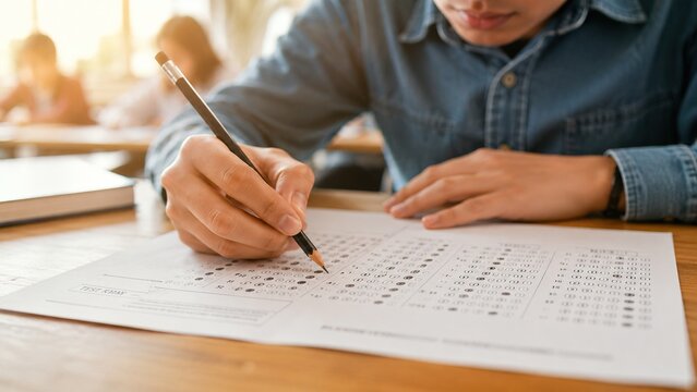Focused Student Completing a Standardized Test with a Pencil in a Classroom.