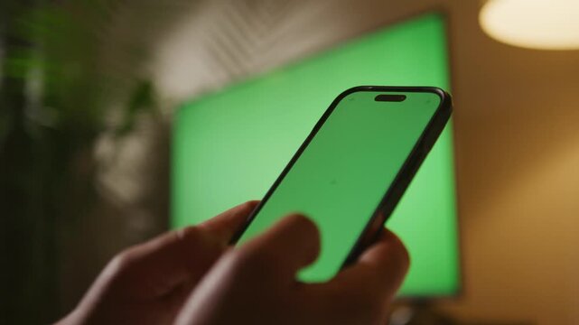 A young man sits comfortably on his sofa, holding a smartphone with a green screen. He showcases a new streaming app while relaxing in his modern living room with a plasma TV
