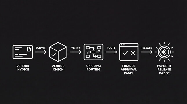 Automated financial workflow diagram illustrating invoice processing steps from vendor submission to payment release with white line icons on a dark background