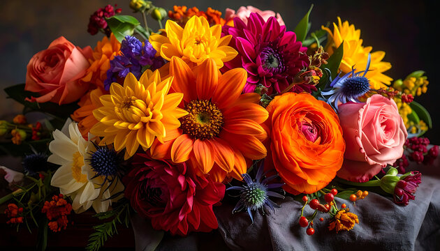 Vibrant bouquet of assorted colorful flowers including roses gerberas and dahlias arranged in a lush arrangement, celebration and beauty