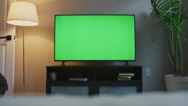 Explore a contemporary living room featuring a sleek plasma TV with a vibrant green screen. Perfect for streaming, advertising, or creative showcases in a cozy setting