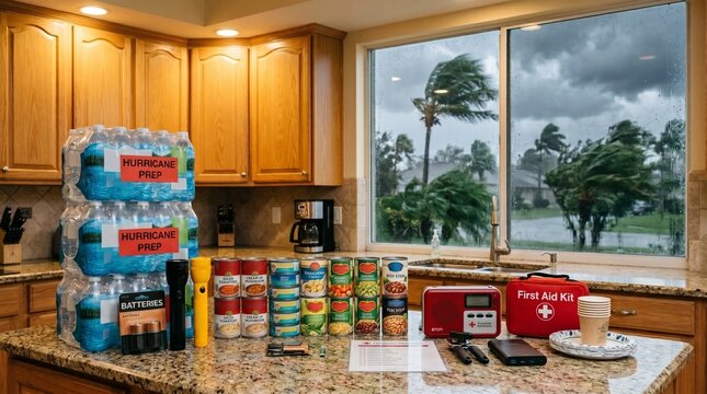 Emergency hurricane preparedness supplies arranged on a kitchen counter during a storm.