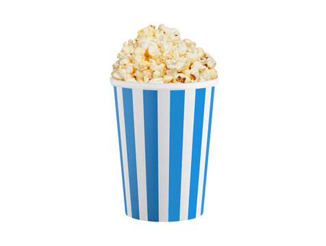 Delicious salty popcorn in a blue and white striped tub. High-quality studio shot isolated on white. Ideal for cinema advertisements, movie night flyers, and entertainment industry marketing.