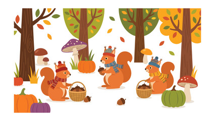 Autumn Squirrel Gathering: Three adorable squirrels, adorned in cozy scarves and crowns, gather acorns in whimsical baskets amidst a vibrant autumn forest scene with pumpkins and colorful leaves. © Mohiuddin123