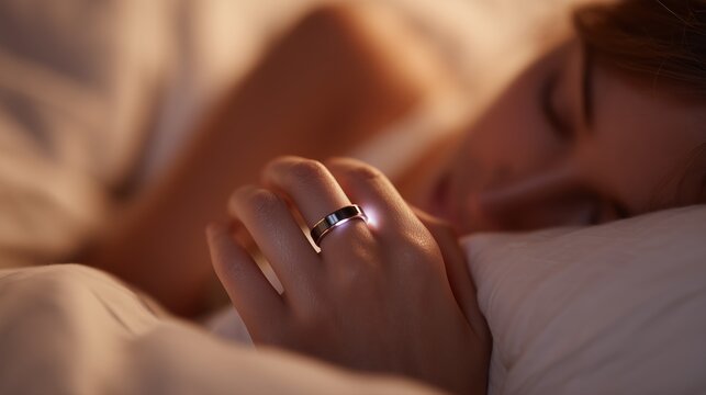 A close-up of a hand with an illuminated ring on it, lying in bed at night. the person is sleeping peacefully next to it.