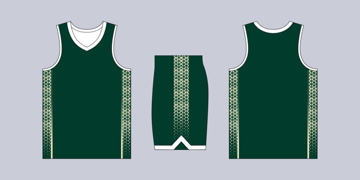 Basketball uniform vector mockup featuring dark green jersey and matching shorts with geometric side patterns
