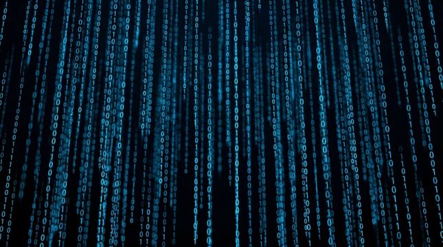 Digital Rain of Binary Code, Blue Numbers Falling on Black Background, Technology Concept